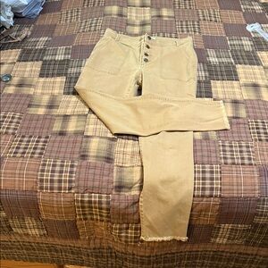 Ann Taylor High Rise Tan Stretch Denim Jeans Button Detail Ankle Fit Size